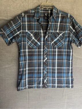 Kuhl Men's Blue and Black Plaid SS Button-Down Shirt size M see measurements